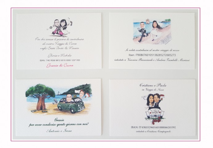 Talloncini inviti personalizzati con disegni sposi nei diversi stili