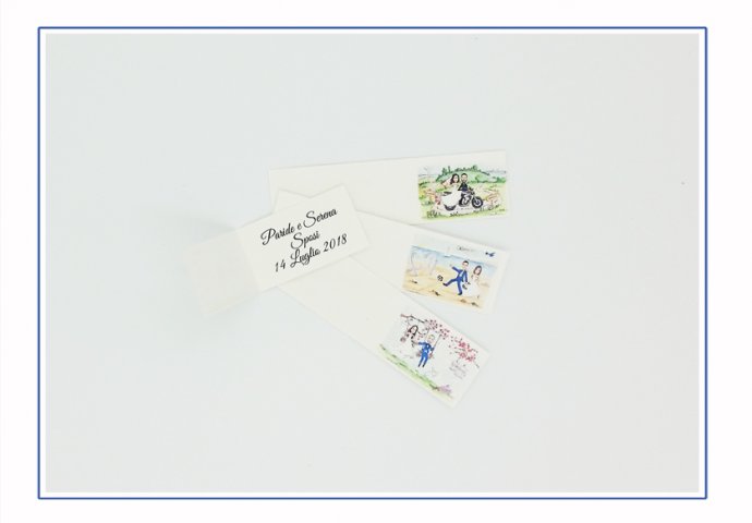 Bigliettini bomboniera personalizzati con stampa disegno sposi e testi da voi forniti