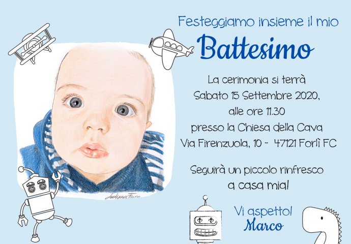 Invito Battesimo Digitale personalizzato con ritratto fedele bimbo