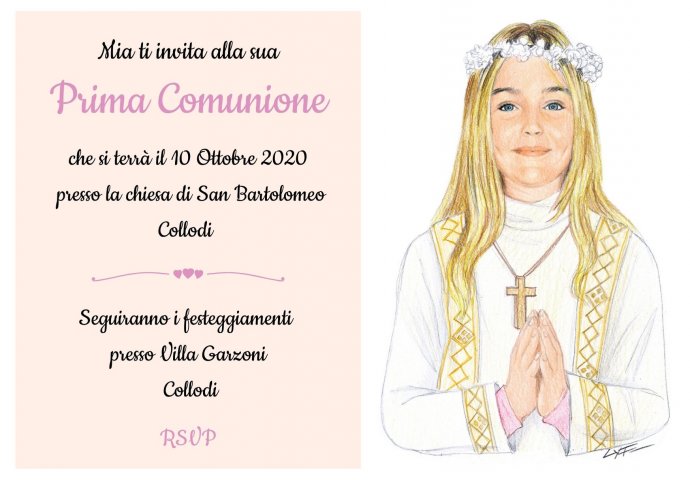 Invito Comunione digitale personalizzato con ritratto fedele di Bambina con saio e mani congiunte