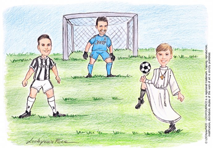 Scenetta caricatura fedele di bimbo con la tunica che palleggia la palla insieme ai suoi idoli del calcio