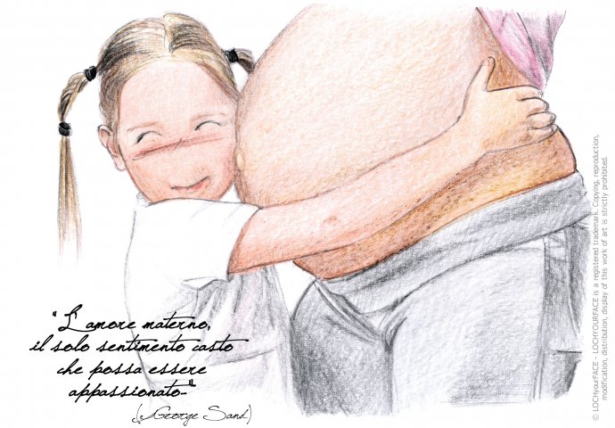 Ritratto in stile Loch di figlioletta che abbraccia la mamma incinta con frase emozionale