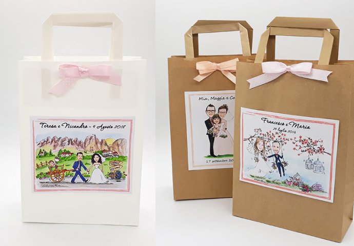 Wedding Bag - Shopper di carta completa di etichetta adesiva personalizzata con stampa disegno sposi nei diversi stili