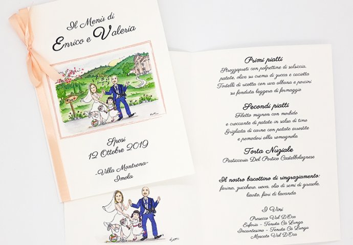 Menu'con stampa testo e disegno caricatura fedele di sposi che ballano insieme alla figlioletta. Nello sfondo la loro Chiesa