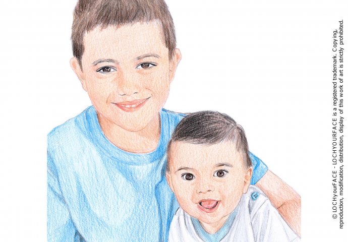 Disegno ritratto fedele di due fratellini realizzato per personalizzare album battesimo