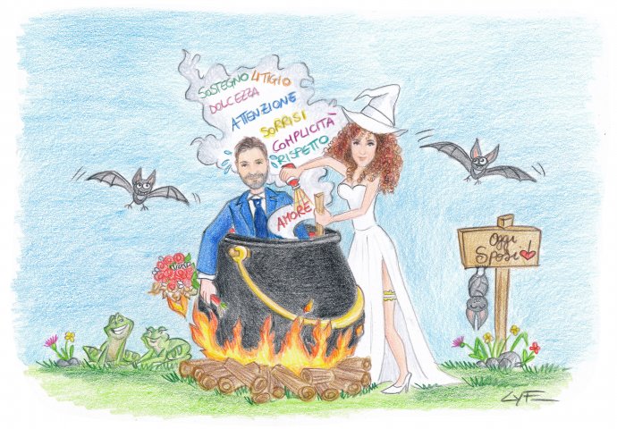 Disegno caricatura fedele di sposa in veste di streghetta che cuoce lo sposo nel pentolone, utilizzando una pozione magica.