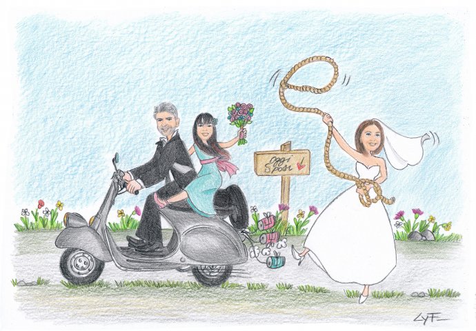 Disegno caricatura fedele di sposi con figlioletta. Lo sposo sfreccia sulla vespa insieme alla figlia mentre la sposa cerca di prenderlo con un lazzo