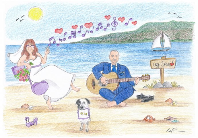 Disegno caricatura fedele di sposi al mare. Lo sposo suona la chitarra, mentre la sposa sta seduta su di una nota musicale che fluttua nell'aria insieme ad altre note in compagnia dell'amico a 4 zampe che tiene il cuscino porta fedi.
 