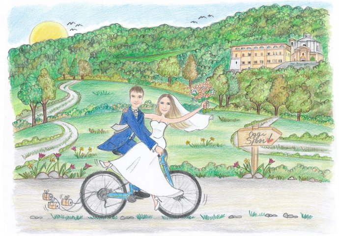 Disegno caricatura fedele di sposi in bici. Nello sfondo il convento di San Lorenzo