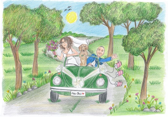 Disegno caricatura fedele di sposi su un maggiolino verde che sfreccia in mezzo agli ulivi, in compagnia del loro cane. 