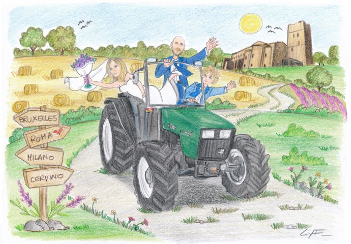 Disegno caricatura fedele di famiglia sul trattore con alla guida il figlioletto. Nello sfondo la campagna della Tuscania con l'Abbazia di San Giusto e sulla strada un cartello stradale con le varie direzioni.