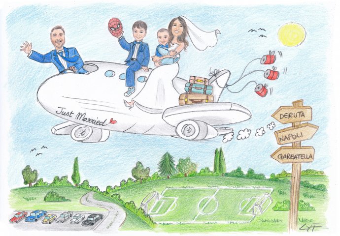 Disegno caricatura fedele di sposi sull'aereo. Nello sfondo un piazzale di macchine ed un campo da calcio