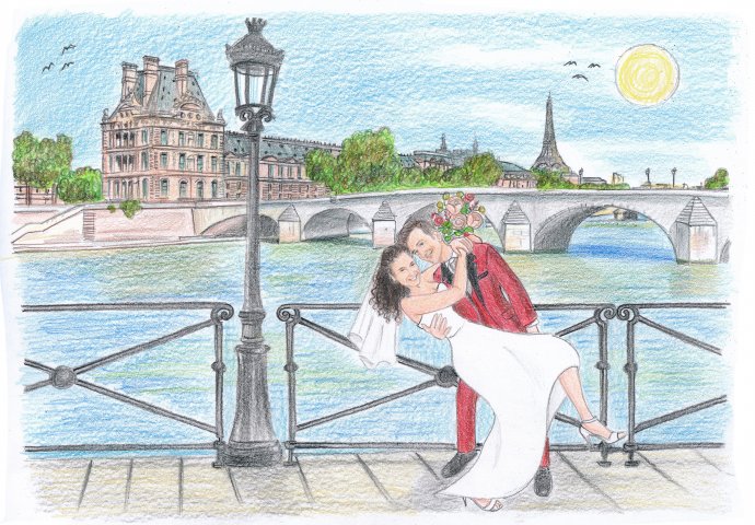 Disegno caricatura fedele di sposi che ballano su una terrazza panoramica, mentre nello sfondo si intravede Pont des Art e la Torre Eiffel