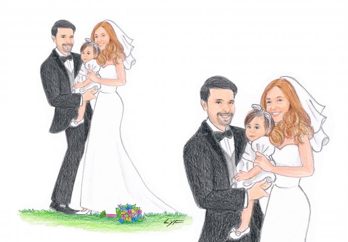 Disegno caricatura fedele di sposi di sposi teneramente abbracciati con figlioletta