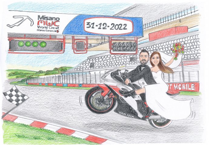 Disegno caricatura fedele di sposi in sella ad una moto nella pista del circuito di Misano