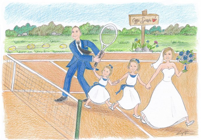 Disegno caricatura fedele di sposi nel campo da tennis. Mentre lo sposo sta per schiacciare una palla, le figlie lo tirano, aiutate dalla sposa impaziente di sposarsi.