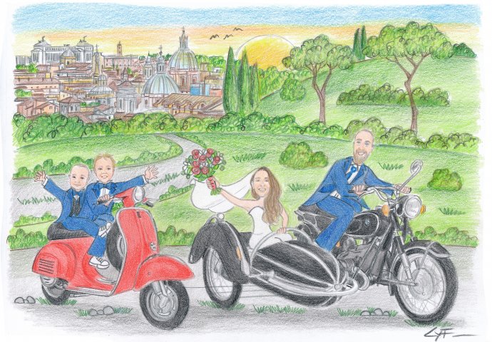Disegno caricatura fedele di Sposi che "scappano" in moto inseguiti da una vesta guidata dai due bambini. Sullo sfondo vista rappresentativa di Roma.
 