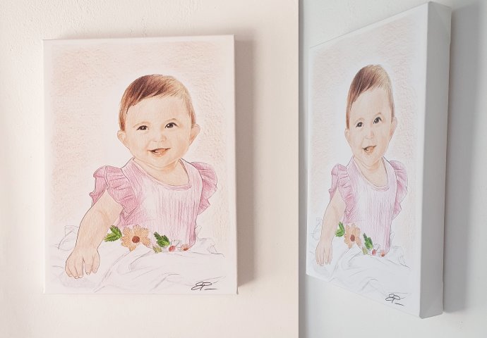 Tela 30x40 cm con stampa disegno ritratto fedele di bambina. Regalo Battesimo