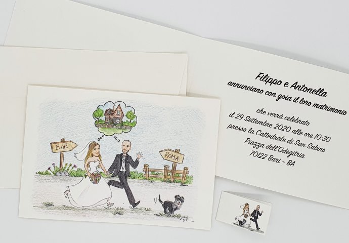 Invito Nozze standard ad album con disegno caricatura fedele di sposi che corrono mano nella mano con il loro cagnolino in direzione Roma, mentre sognano il loro nido d'amore.