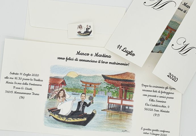 Partecipazione nozze finestra con disegno caricatura fedele di sposi in barchetta in Giappone