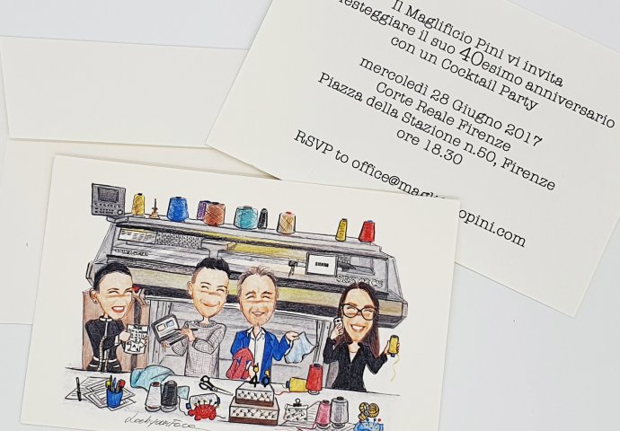 Invito cartolina  con disegno scenetta caricatura fedele del team aziendale per festeggiare il 40Â° avversario