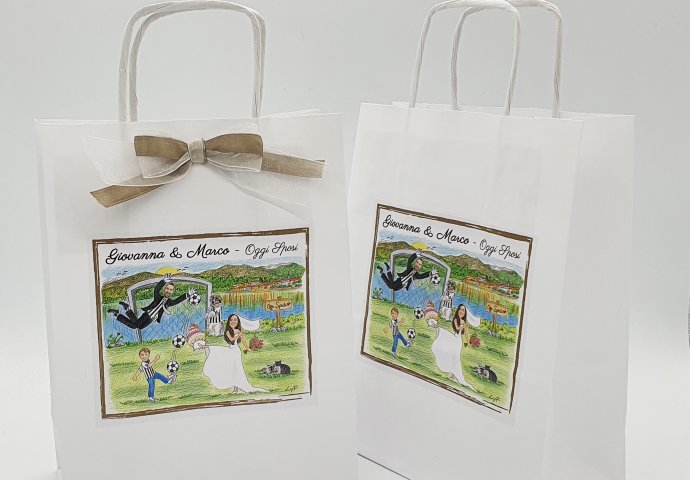 Wedding Bag - Shopper di carta completa di etichetta adesiva personalizzata con stampa disegno sposi nei diversi stili