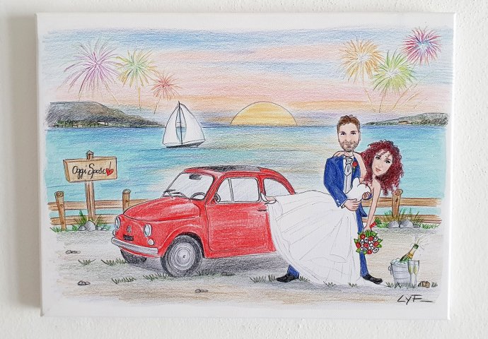 Tela 30X40 spessore 4cm con stampa disegno caricatura fedele di sposa che balla con lo sposo vicino alla loro 500 rossa. Nello sfondo il mare e i fuochi d'artificio,