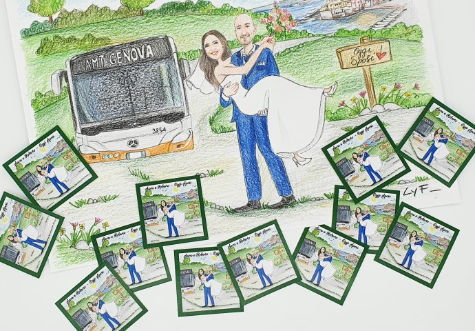 Etichetta adesiva 4,7x4,7cm con stampa scenetta caricatura fedele di sposa in braccio allo sposo, vicino al loro autobus.
