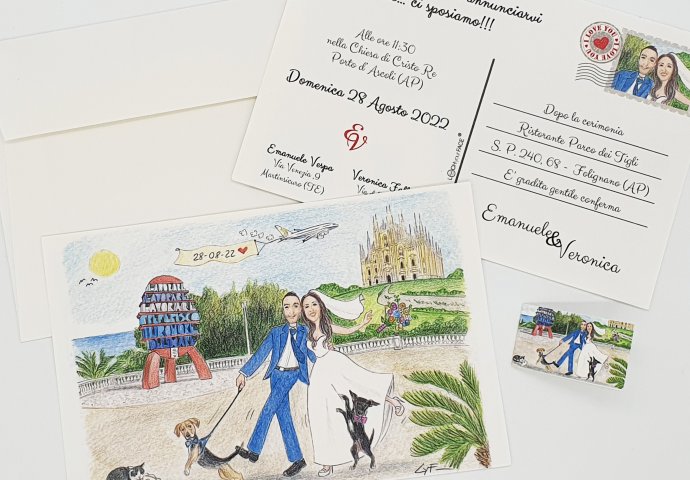 Partecipazione nozze stile cartolina con disegno caricatura fedele di sposi vengono tirati e spinti dai loro amici a 4 zampe.