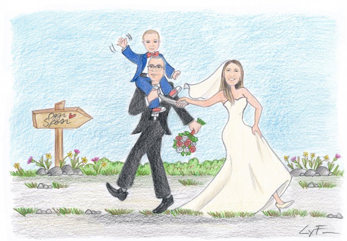 Disegno caricatura fedele di sposa che tira lo sposo per la cravatta mentre lo sposo tiene sulle spalle il figlioletto che saluta felice.