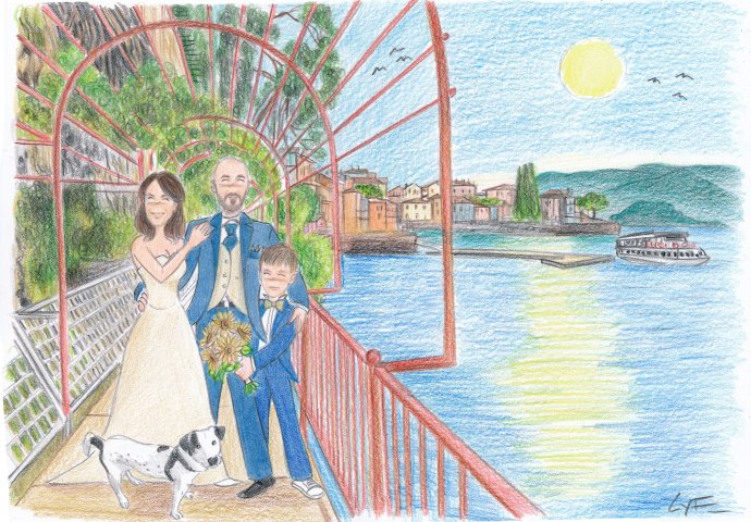 Disegno caricatura fedele di sposi abbracciati con il figlio e l'amico a 4 zampe sul ponte della strada degli Innamorati a Varenna.