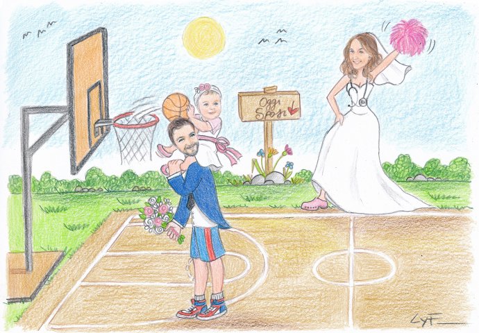 Disegno caricatura fedele di sposo con la bambina sulle spalle che cerca di fare canestro, mentre la sposa fa il tifo.