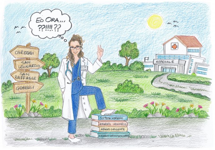 Disegno scenetta caricatura fedele di ragazza che si laurea in medicina.