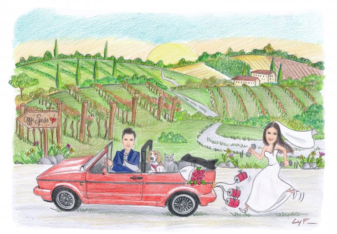 Disegno caricatura fedele di sposa che corre a piedi dietro allo sposo in macchina insieme ai suoi amici a 4 zampe. Nello sfondo un paesaggio di campagna.