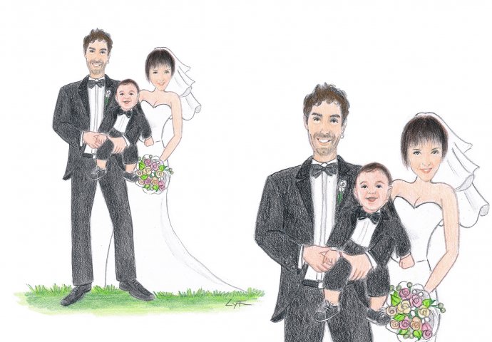 Disegno caricatura fedele di sposi abbracciati con il figlioletto in braccio al babbo sposo.