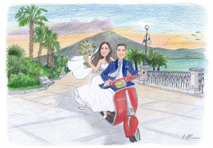 Disegno caricatura di sposi seduti su una vespa 50 special di colore rosso che sfreccia percorrendo la via marina di Reggio Calabria. Vista sullo stretto di Messina da cui nello sfondo si intravede l'Etna.
