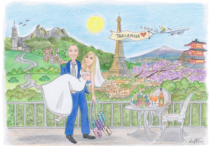 Disegno caricatura fedele di sposa in braccio allo sposo. La sposa fa sventolare dalle mani delle lattine dove sono indicati i nomi dei loro 5 figli. Nello sfondo si intravede il monte Fuji, la Tour Eifell e le Dolomiti.