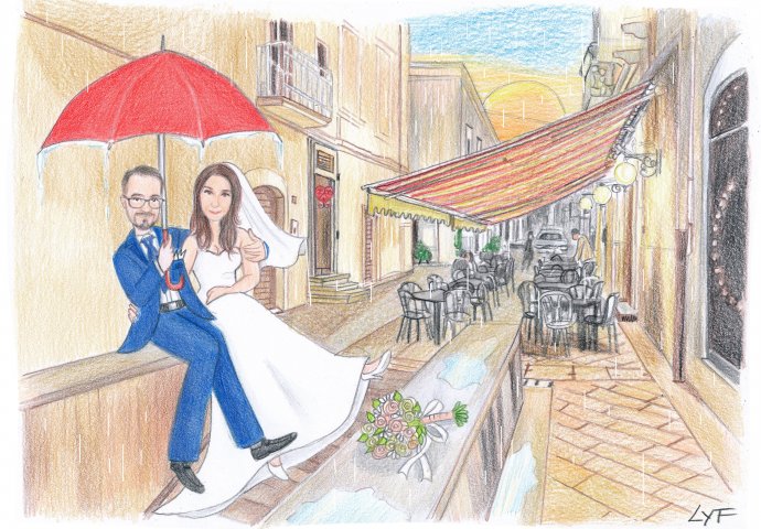 Disegno caricatura fedele di sposi seduti teneramente abbracciati che si riparano dalla pioggia sotto un ombrello rosso. 