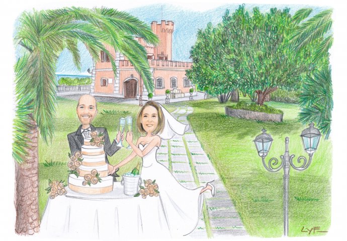 Disegno caricatura fedele di sposi che tagliano la torta. Nello sfondo la loro location.