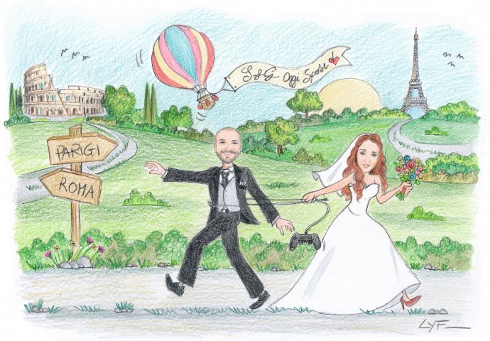Disegno caricatura fedele di sposa che tira per la cravatta lo sposo. Nello sfondo si vedono la Tour Eiffel e il Colosseo. Nel cielo una mongolfiera con la scritta "Oggi Sposi" e le iniziali dei futuri sposi.