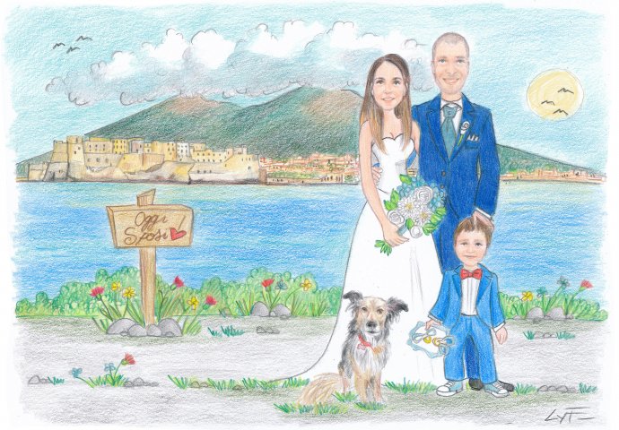 Disegno caricatura fedele di sposi abbracciati con il figlioletto e l'amico a 4 zampe. Nello sfondo di Napoli, si vede il Vesuvio e il Castel dell'Ovo.