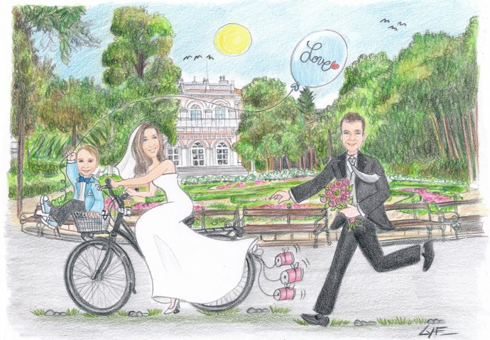 Disegno caricatura fedele di sposa in bicicletta con il figlioletto nel cestino che tiene in mano un palloncinoa. forma di cuore. Lo sposo li rincorre tenendo in mano il bouquet. Il tutto si svolge nella Villa Angiolina- Optija (Croazia)