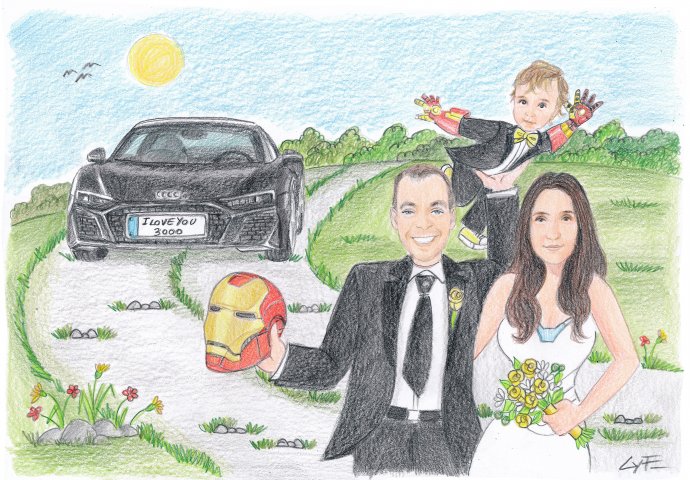 Disegno caricatura fedele di sposi con figlioletto nella versione super eroi tema Iron Man e Pepper Potts. Nello sfondo la macchina nera con la scritta I love you 300!