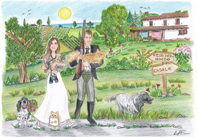 Disegno caricatura fedele di sposi che vanno a caccia insieme ai loro amici a 4 zampe. Lo sposo è vestito da cacciatore. Nello sfondo la casa di famiglia.