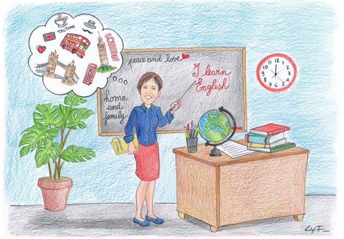 Disegno scenetta caricatura fedele di insegnante di inglese in aula che insegna mentre pensa al viaggio in Inghilterra