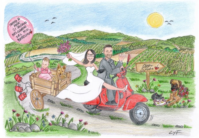 Disegno in stile Loch di sposi che corrono sulla vespa rossa, trainando il carretto con la figlioletta e l'amico a 4 zampe.