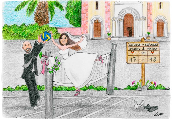Disegno caricatura fedele di sposi che giocano a pallavolo, con tabellone segnapunti, davanti alla Chiesa.