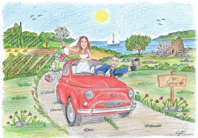 Disegno caricatura fedele di sposi che sfrecciano su una 500 colore rosso. Nello sfondo a dx il mare e un nuraghe 
a sx la campagna con le vigne. 