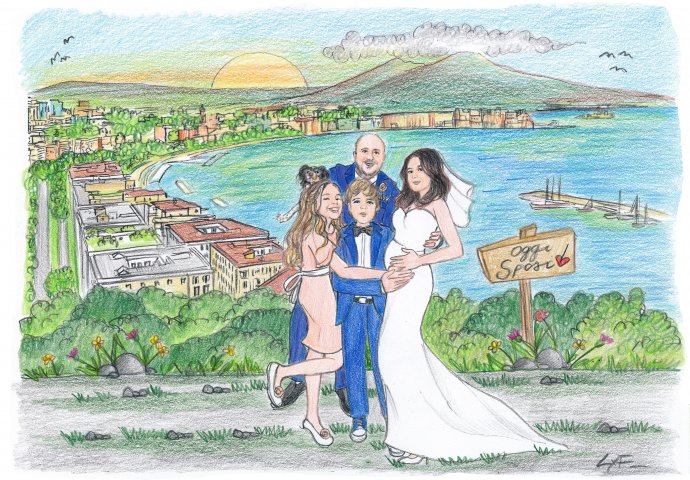 Disegno caricatura fedele di sposi teneramente abbracciati insieme ai figli e al cagnolino. Nello sfondo il Golfo di Napoli.