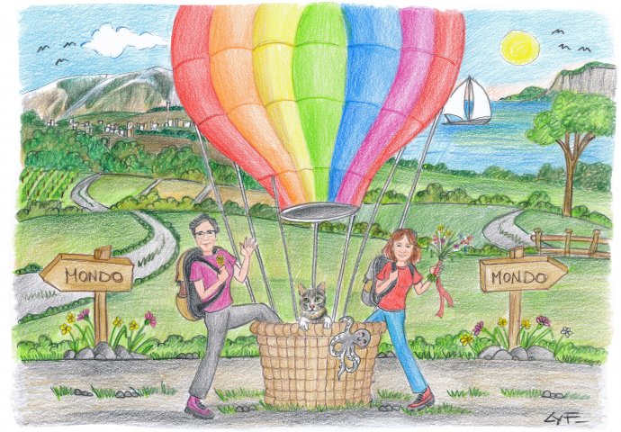 Disegno caricatura fedele di spose che salgono su una mongolfiera insieme al loro amico gatto e ad un polipetto. Nello sfondo si vedono il mare e le montagne.